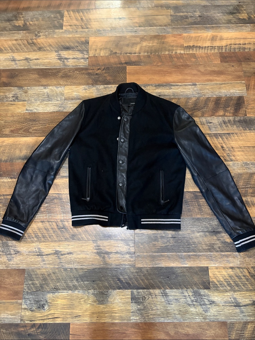 7 Diamonds Black Wool Varsity Jacket with Leather Sleeves